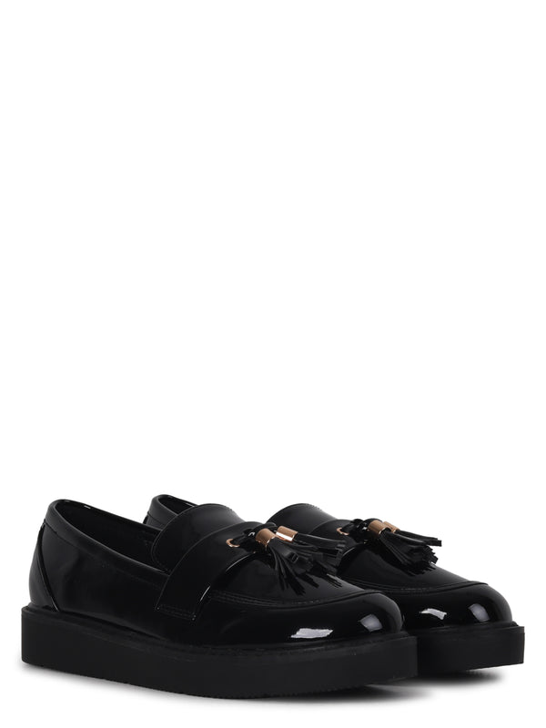 Linzi Wide Fit Black Patent Loafer With Front Tassel Detail