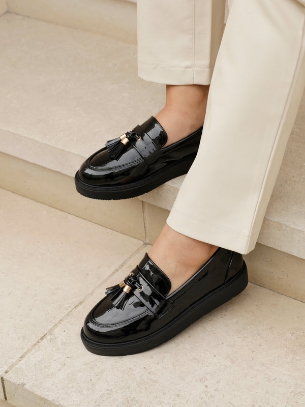 linzi Wide Fit Black Patent Loafer With Front Tassel Detail