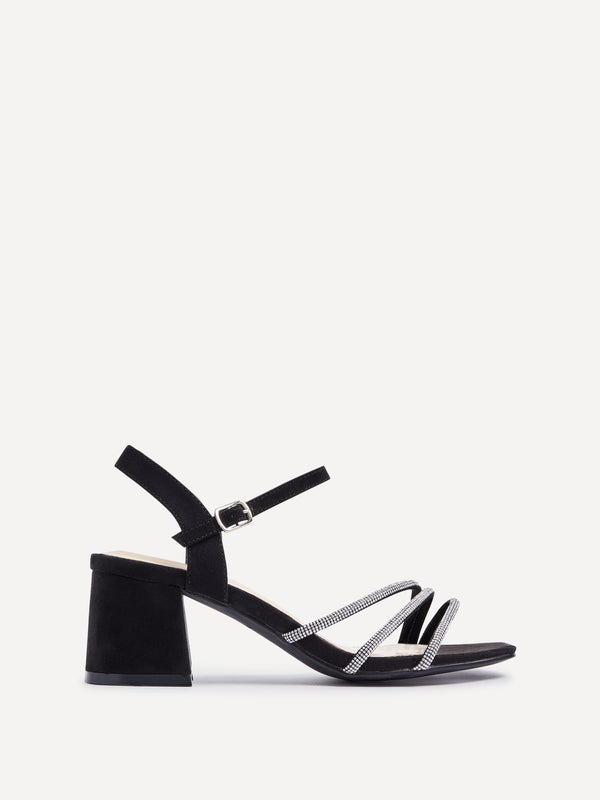 Linzi Wide Fit Black Suede Open Back Heel With Diamante Triple Front Straps