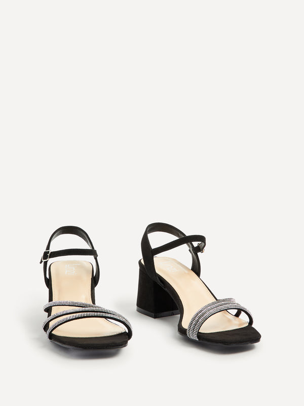 Linzi Wide Fit Black Suede Open Back Heel With Diamante Triple Front Straps