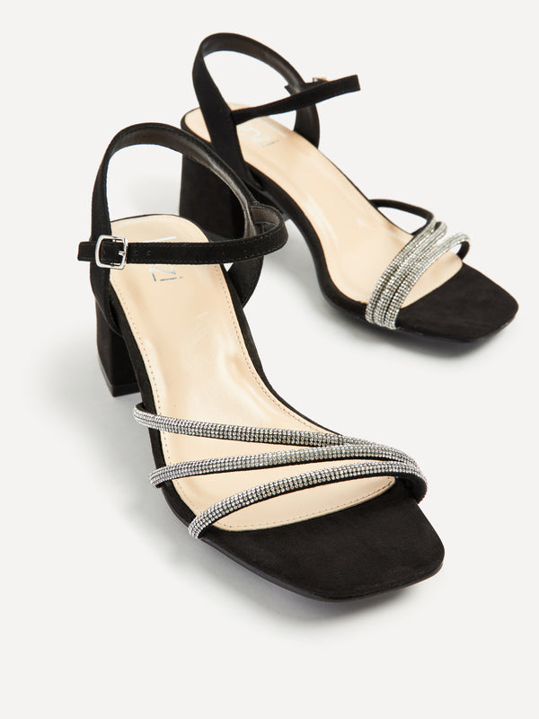 Linzi Wide Fit Black Suede Open Back Heel With Diamante Triple Front Straps