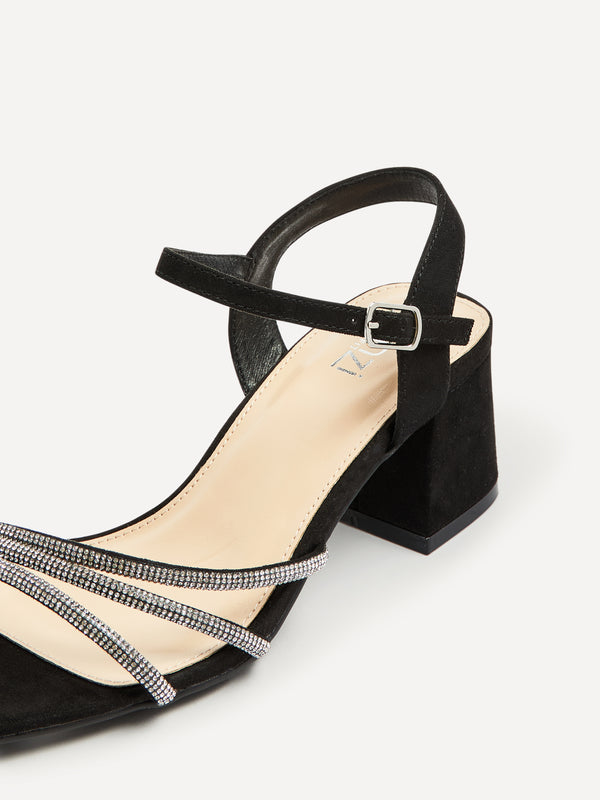 Linzi Wide Fit Black Suede Open Back Heel With Diamante Triple Front Straps
