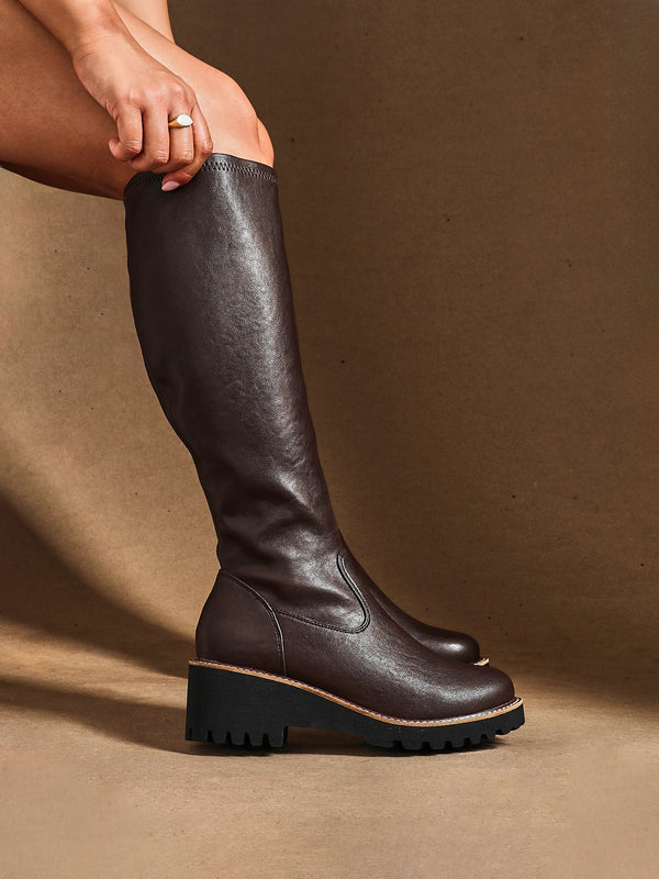 linzi Wide Fit Brown Faux Leather Stretch High Leg Wedge Boot