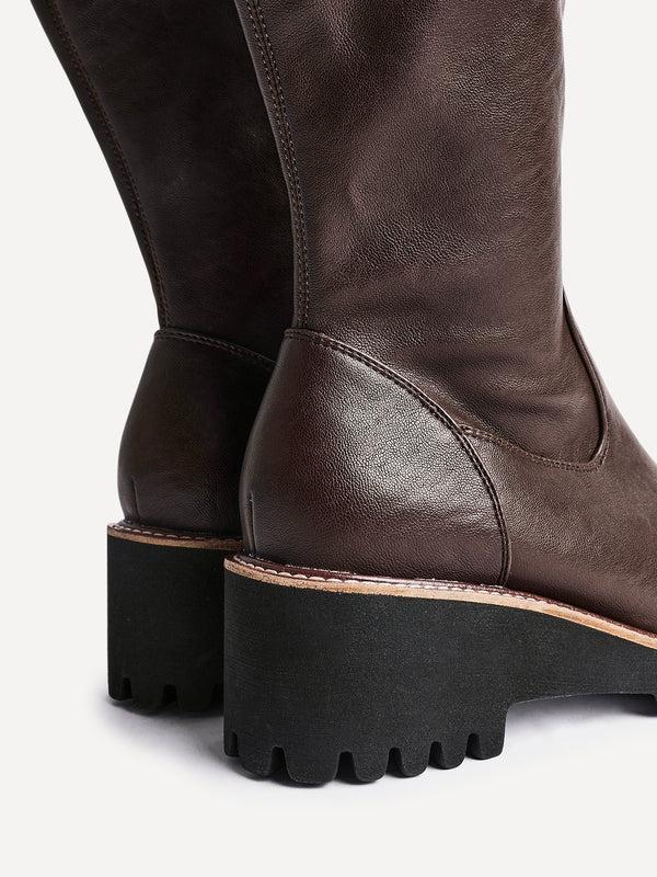 Linzi Wide Fit Brown Faux Leather Stretch High Leg Wedge Boot