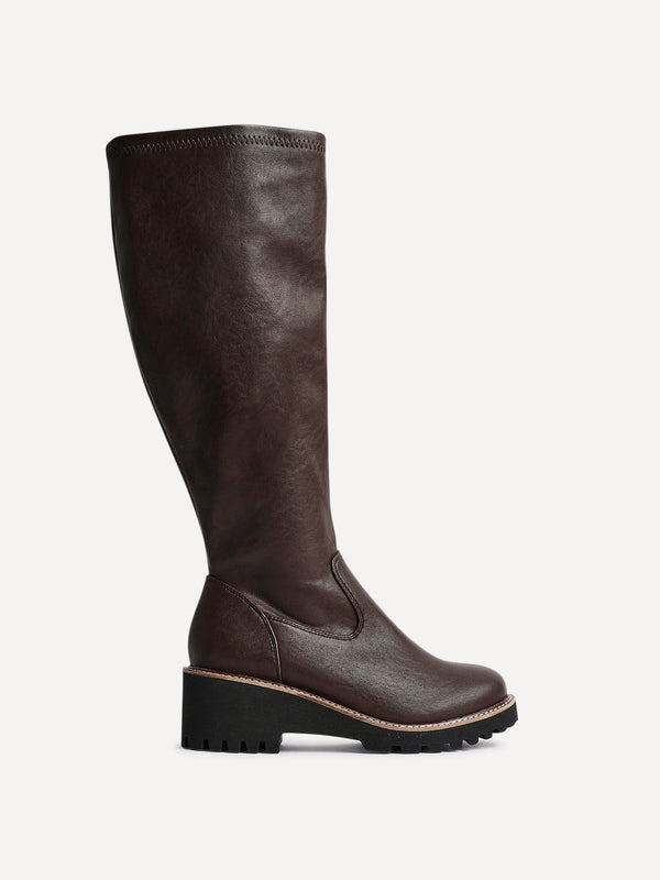 Linzi Wide Fit Brown Faux Leather Stretch High Leg Wedge Boot