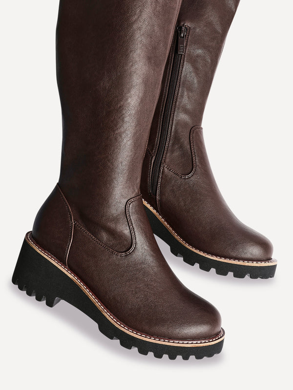 Linzi Wide Fit Brown Faux Leather Stretch High Leg Wedge Boot