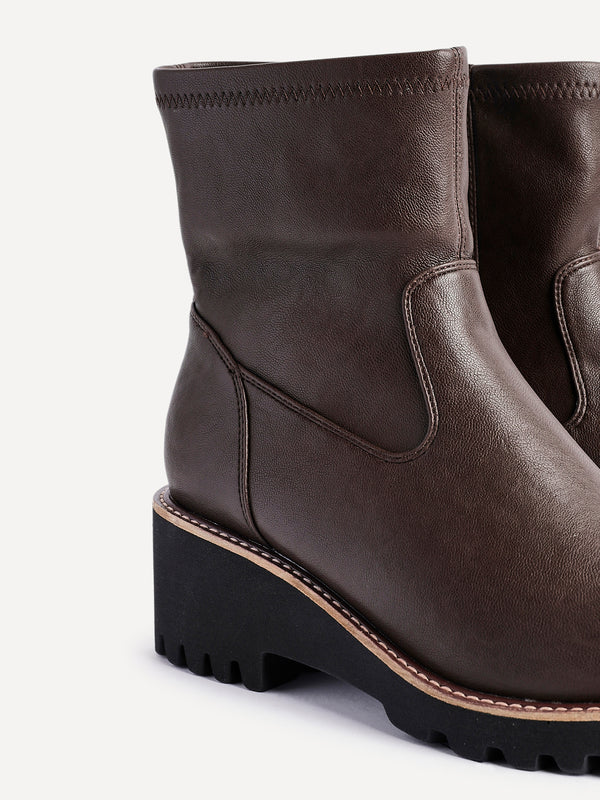 Linzi Wide Fit Brown Faux Leather Wedged Heel Ankle Boot