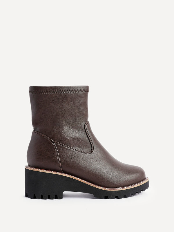 Linzi Wide Fit Brown Faux Leather Wedged Heel Ankle Boot