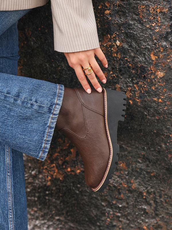 linzi Wide Fit Brown Faux Leather Wedged Heel Ankle Boot