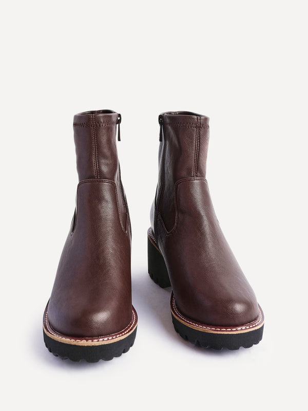 Linzi Wide Fit Brown Faux Leather Wedged Heel Ankle Boot