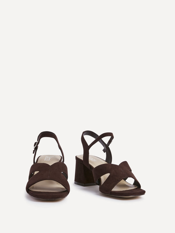 Linzi Wide Fit Brown Faux Suede Link Detail Block Heels