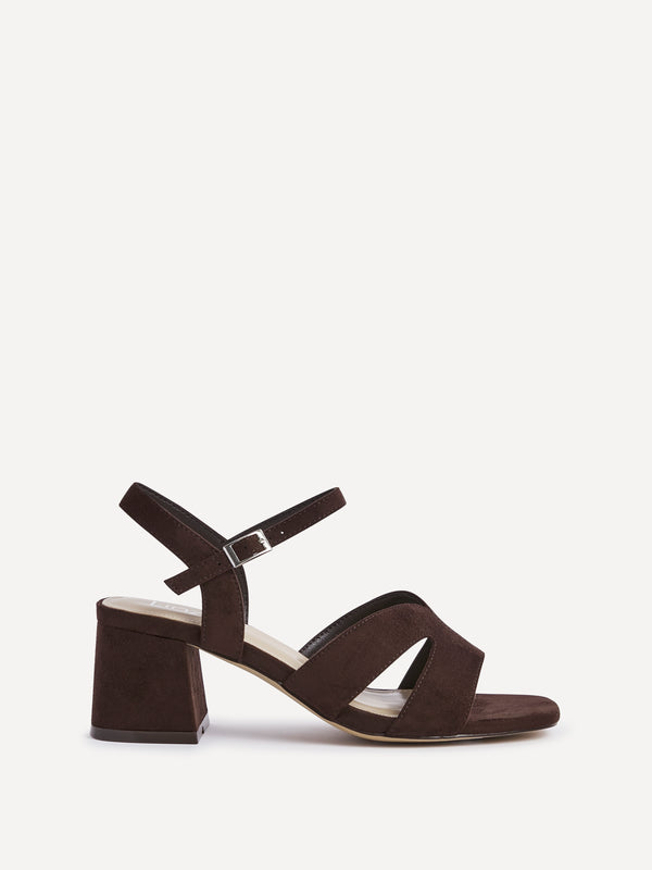 Linzi Wide Fit Brown Faux Suede Link Detail Block Heels