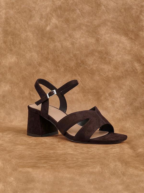 linzi Wide Fit Brown Faux Suede Link Detail Block Heels