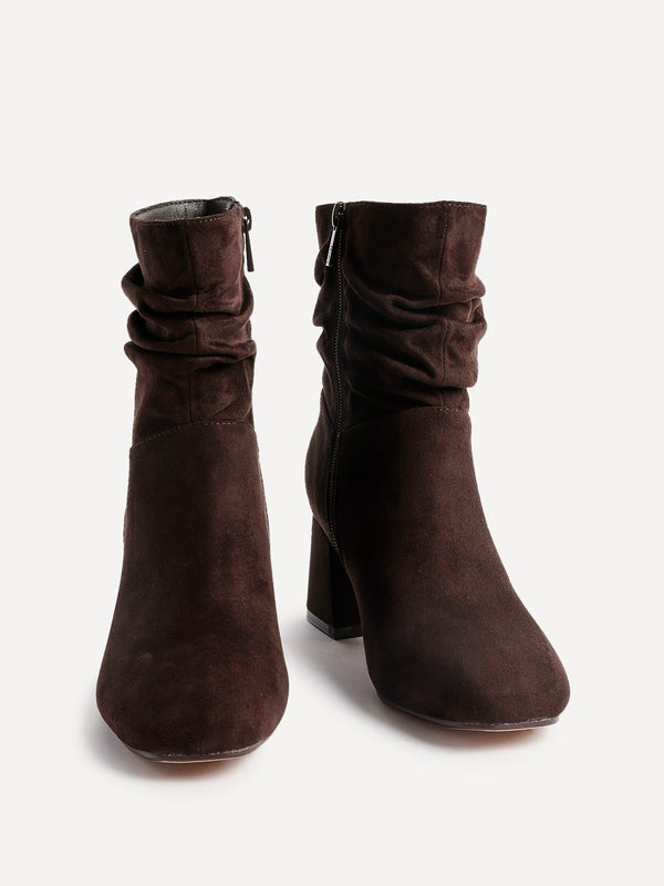 Linzi Wide Fit Brown Faux Suede Ruched Heeled Ankle Boot
