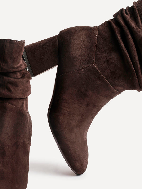 Linzi Wide Fit Brown Faux Suede Ruched Heeled Ankle Boot