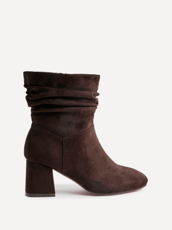 Linzi Wide Fit Brown Faux Suede Ruched Heeled Ankle Boot