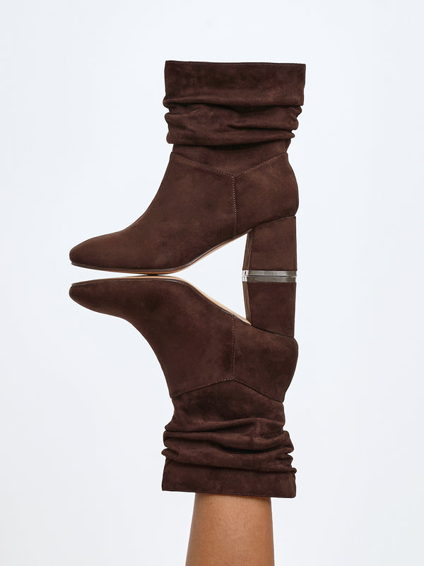 linzi Wide Fit Brown Faux Suede Ruched Heeled Ankle Boot
