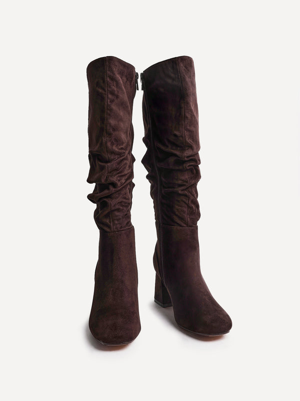 Linzi Wide Fit Brown Faux Suede Ruched Long Heeled Boot