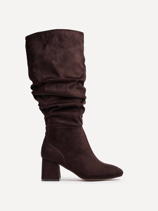 Linzi Wide Fit Brown Faux Suede Ruched Long Heeled Boot