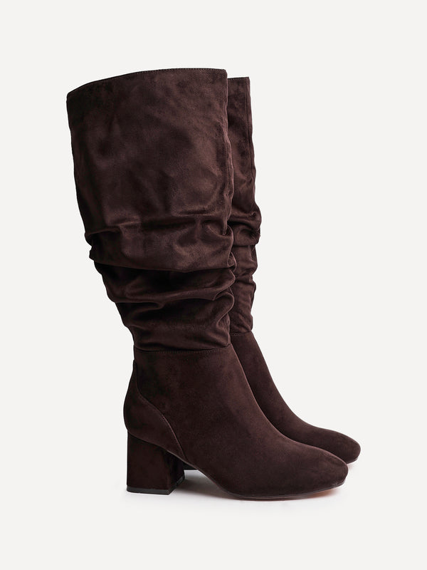 Linzi Wide Fit Brown Faux Suede Ruched Long Heeled Boot