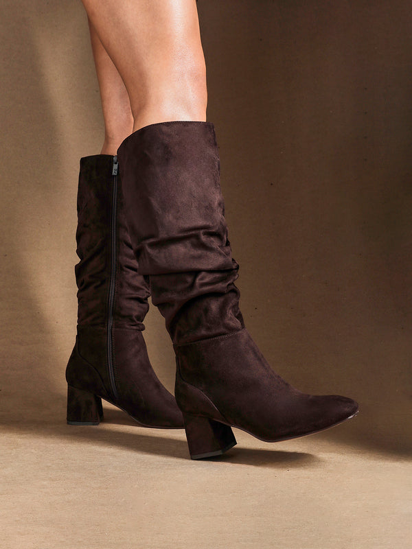 linzi Wide Fit Brown Faux Suede Ruched Long Heeled Boot