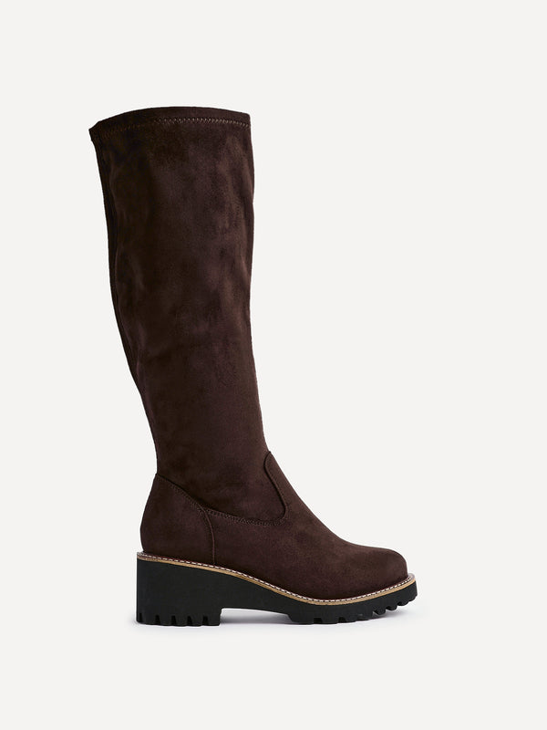 Linzi Wide Fit Brown Faux Suede Stretch High Leg Wedge Boot