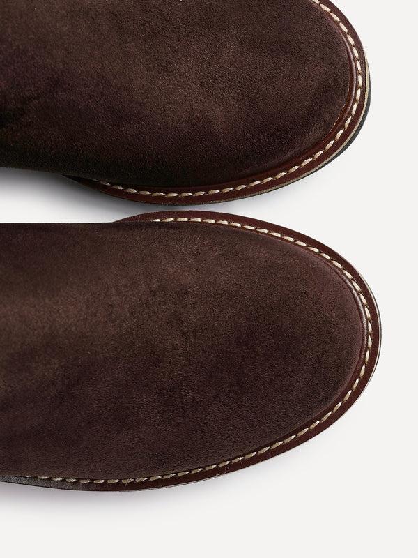 Linzi Wide Fit Brown Faux Suede Stretch High Leg Wedge Boot