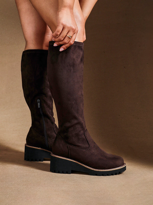 linzi Wide Fit Brown Faux Suede Stretch High Leg Wedge Boot
