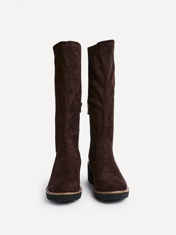 Linzi Wide Fit Brown Faux Suede Stretch High Leg Wedge Boot