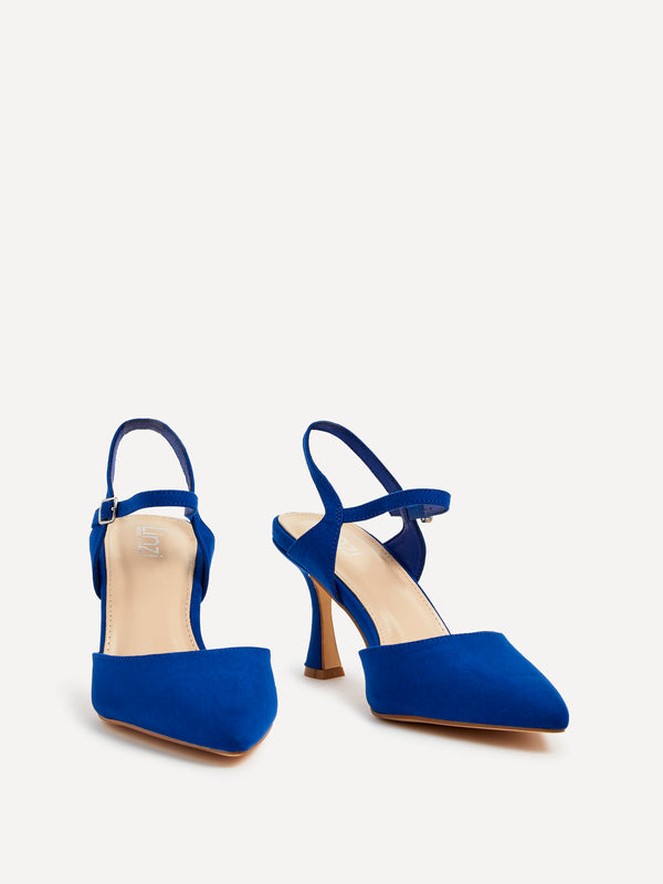 Linzi Wide Fit Cobalt Blue Faux Suede Open Back Stiletto Court Heel