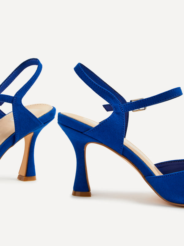 Linzi Wide Fit Cobalt Blue Faux Suede Open Back Stiletto Court Heel