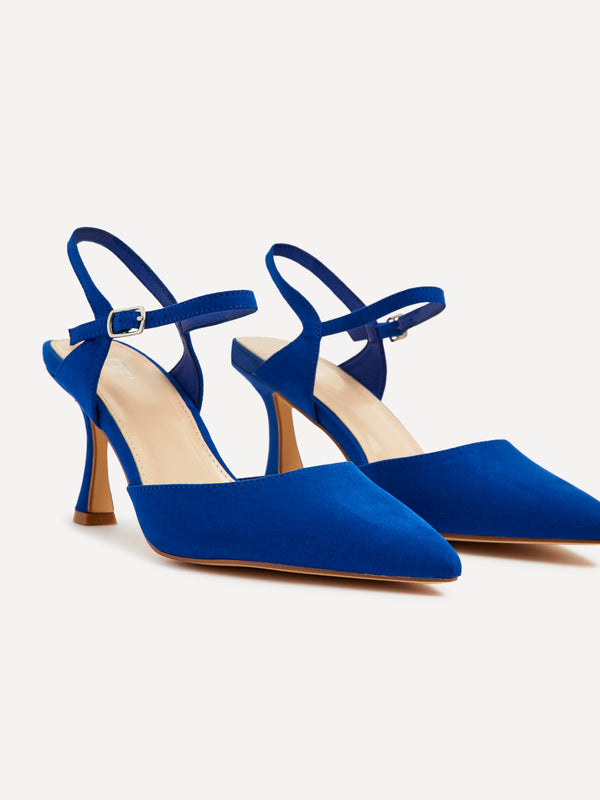 Linzi Wide Fit Cobalt Blue Faux Suede Open Back Stiletto Court Heel