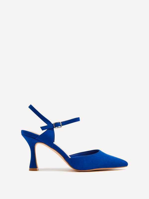 linzi Wide Fit Cobalt Blue Faux Suede Open Back Stiletto Court Heel