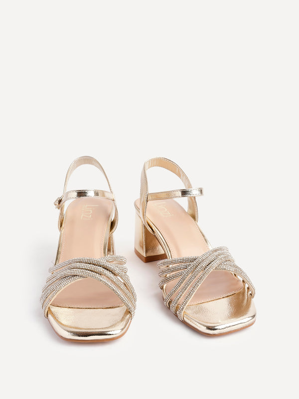 Linzi Wide Fit Gold Block Heel With Crossover Diamante Straps