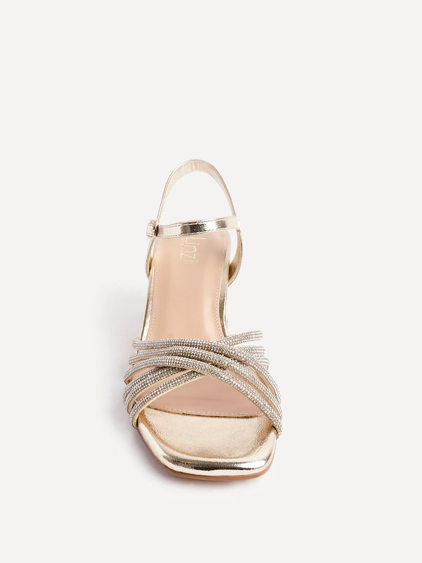 Linzi Wide Fit Gold Block Heel With Crossover Diamante Straps