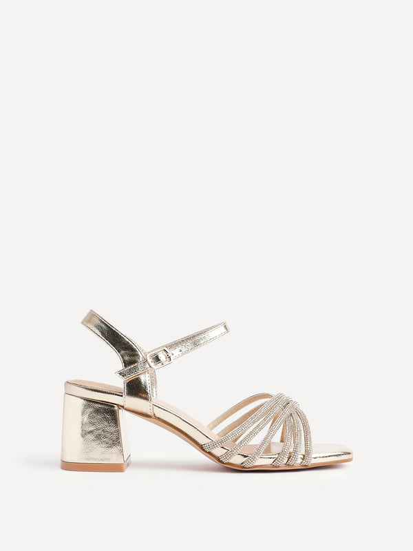Linzi Wide Fit Gold Block Heel With Crossover Diamante Straps