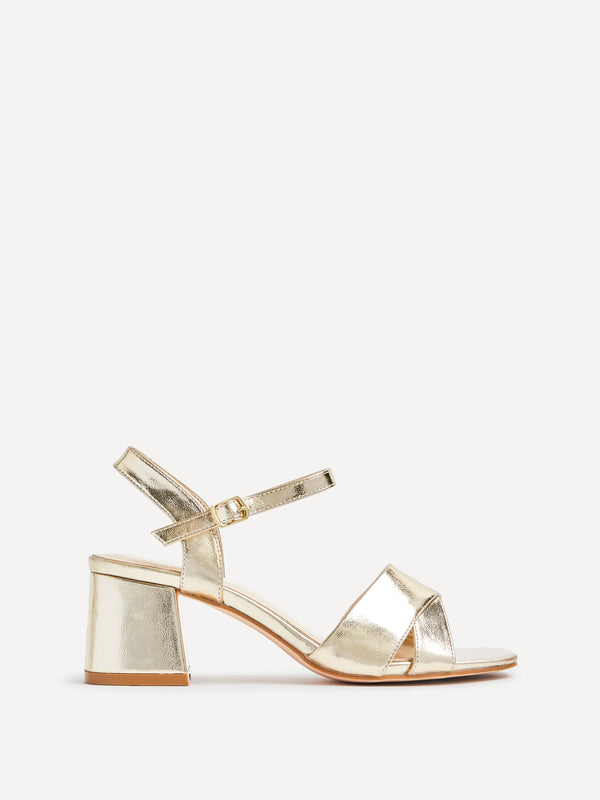 Linzi Wide Fit Gold Faux Leather Block Heeled Sandals