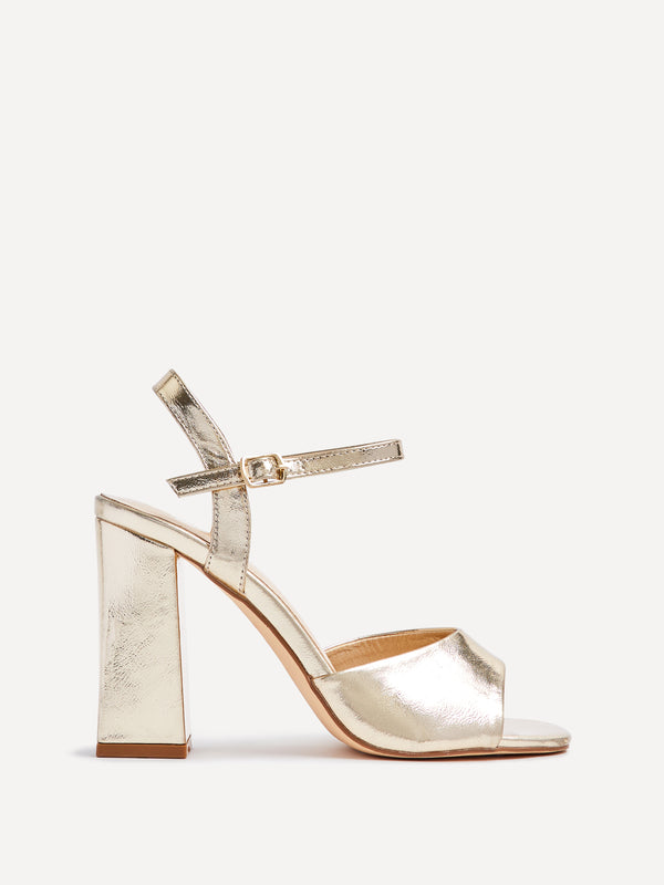 Linzi Wide Fit Gold Faux Leather Block Heeled Sandals