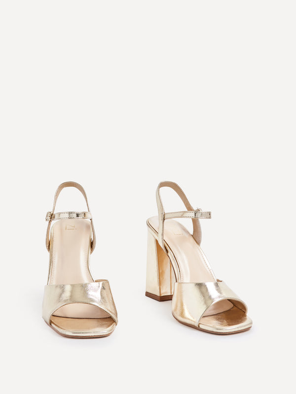 Linzi Wide Fit Gold Faux Leather Block Heeled Sandals