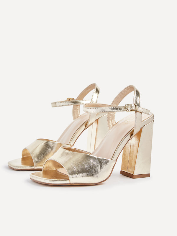 Linzi Wide Fit Gold Faux Leather Block Heeled Sandals
