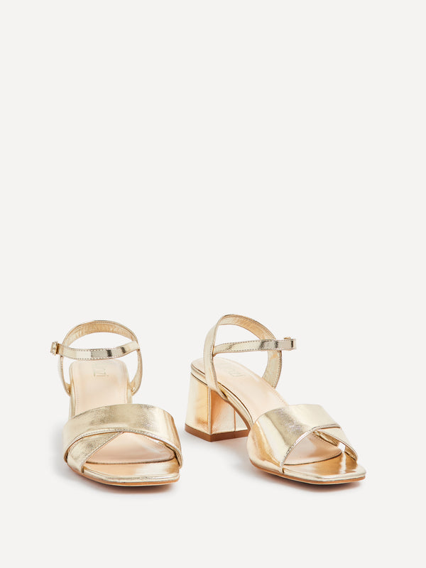 Linzi Wide Fit Gold Faux Leather Block Heeled Sandals