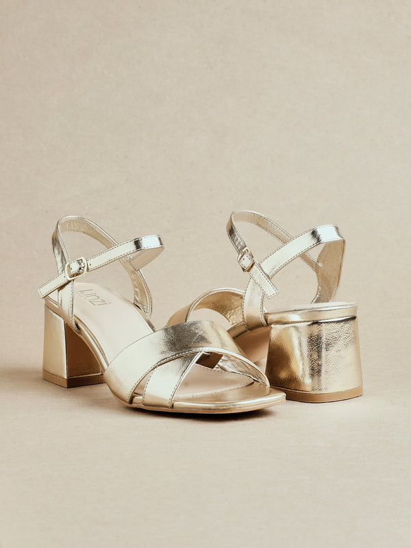 linzi Wide Fit Gold Faux Leather Block Heeled Sandals