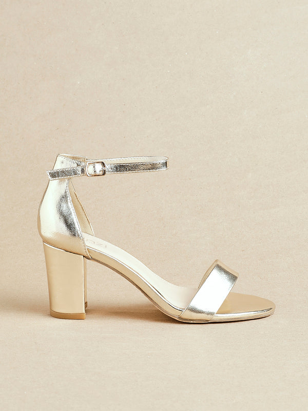 linzi Wide Fit Gold Faux Leather Closed Back Block Heel