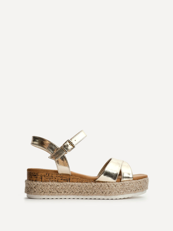 Linzi Wide Fit Gold Faux Leather Cork Flatform With Rope Detailing
