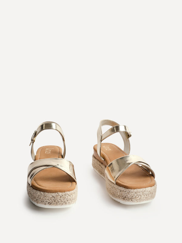 Linzi Wide Fit Gold Faux Leather Cork Flatform With Rope Detailing