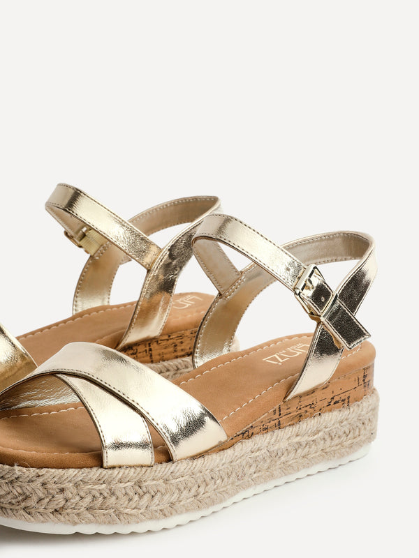 Linzi Wide Fit Gold Faux Leather Cork Flatform With Rope Detailing
