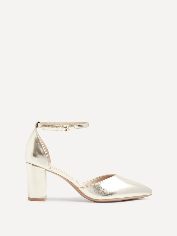 Linzi Wide Fit Gold Faux Leather Court Heel With Ankle Strap