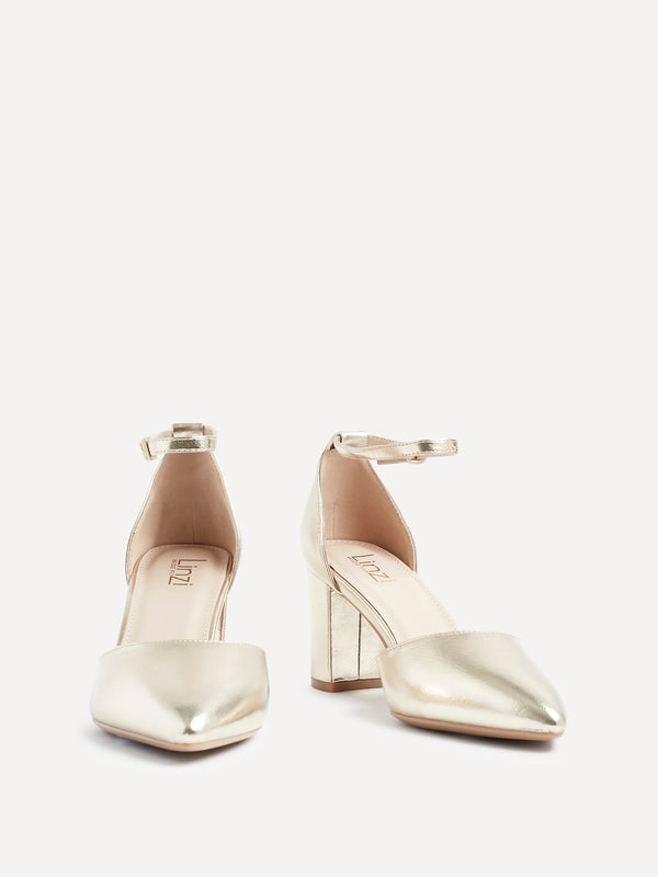 Linzi Wide Fit Gold Faux Leather Court Heel With Ankle Strap