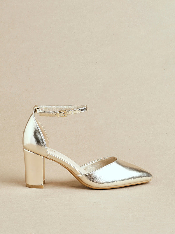 linzi Wide Fit Gold Faux Leather Court Heel With Ankle Strap