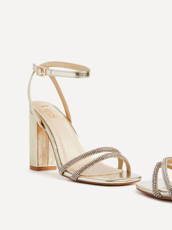 Linzi Wide Fit Gold Faux Leather Double Diamante Strap Block Heeled Sandal
